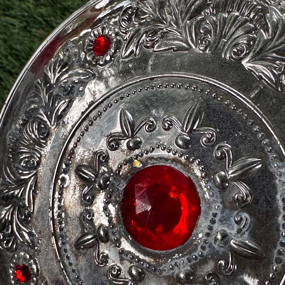 Godinger Silver Plated Hand Vanity Mirror w/ Red‎ Jewels Vintage Decor